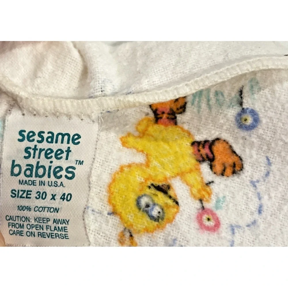 Vtg Sesame Street Baby Blanket Flannel Receiving White Big Bird Cookie Monster